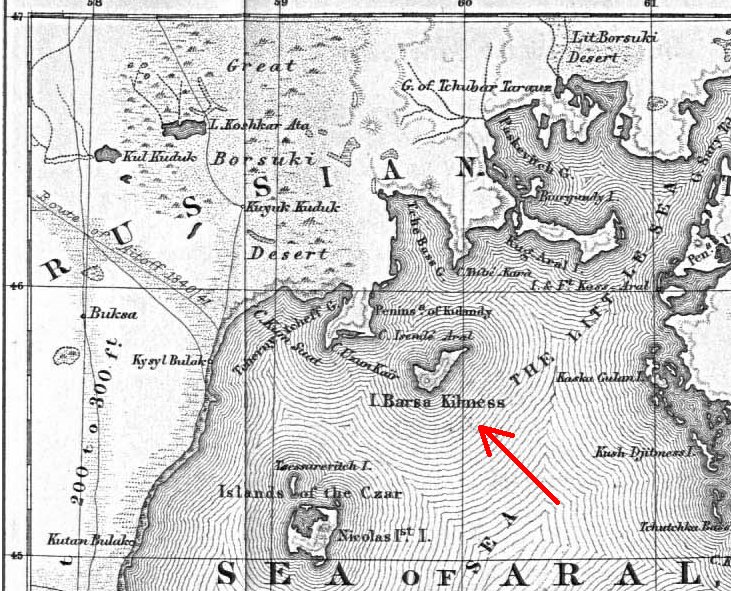 Барсакельмес на карте Аральского моря 1853 года