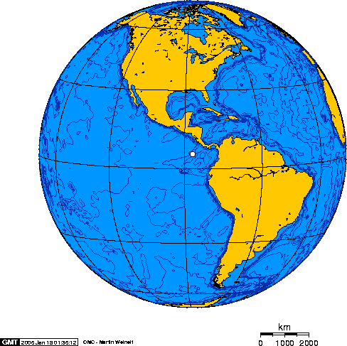 Остров Кокос на карте мира (ортографическая проекция)