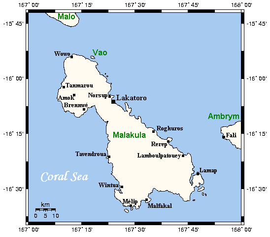 Карта острова острова Малекула