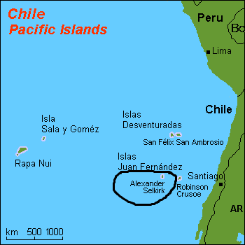 Остров Александра Селькирка на карте юго-восточного Тихого океана