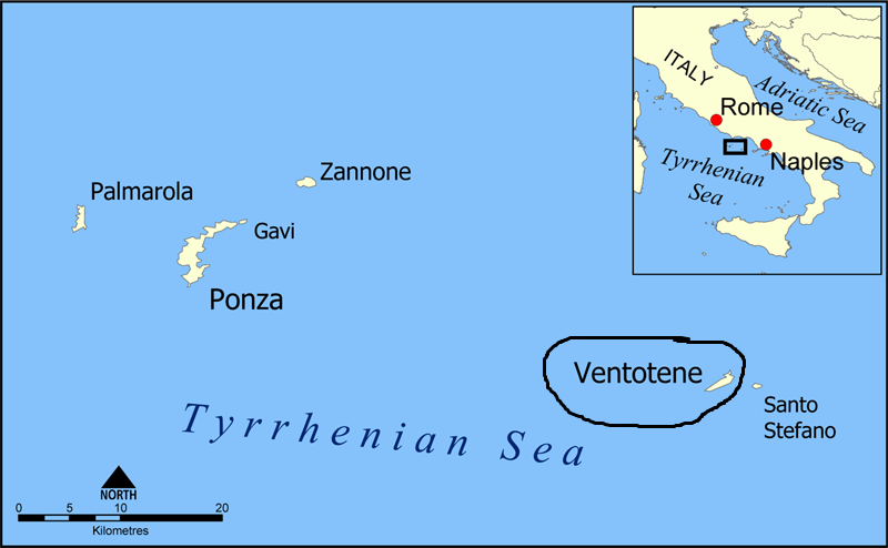 Остров Вентотене на карте