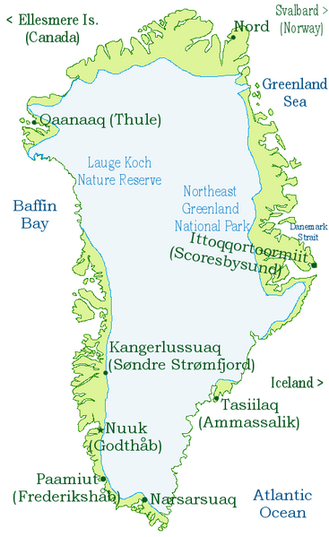 Карта-схема Гренландии и её ледникового щита