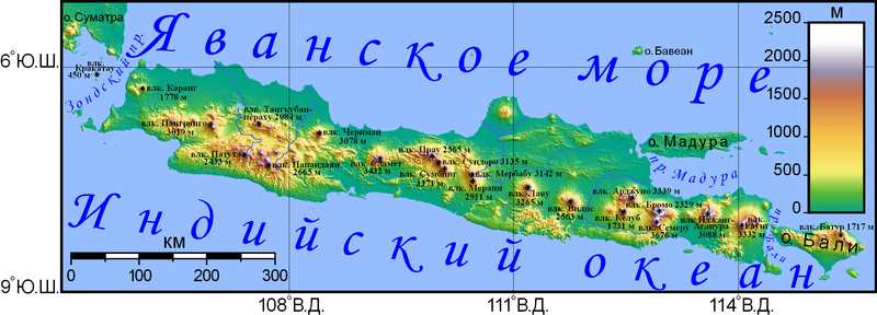 Физическая карта острова Явы